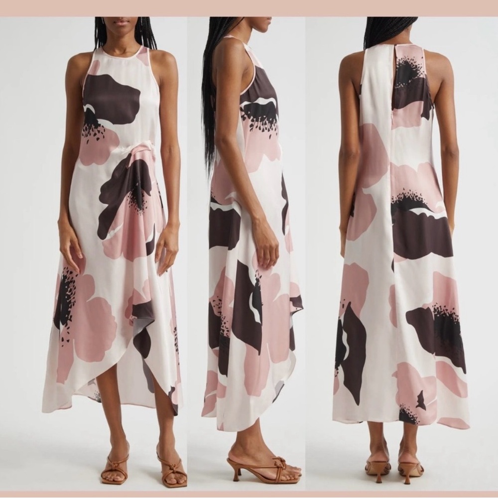Reiss Pink, Cream & Brown High-Low Floral Midi Dress